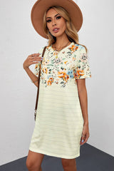 Floral Striped Short Sleeve Round Neck T-Shirt Dress - Shah S. Sahota