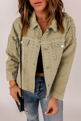 Frayed Trim Rivet Denim Jacket - Shah S. Sahota