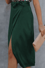 Green Satin Wrap Midi Skirt With Split - Shah S. Sahota