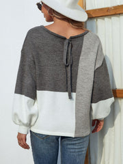 Color Block Tie Back Lantern Sleeve Sweater - Shah S. Sahota