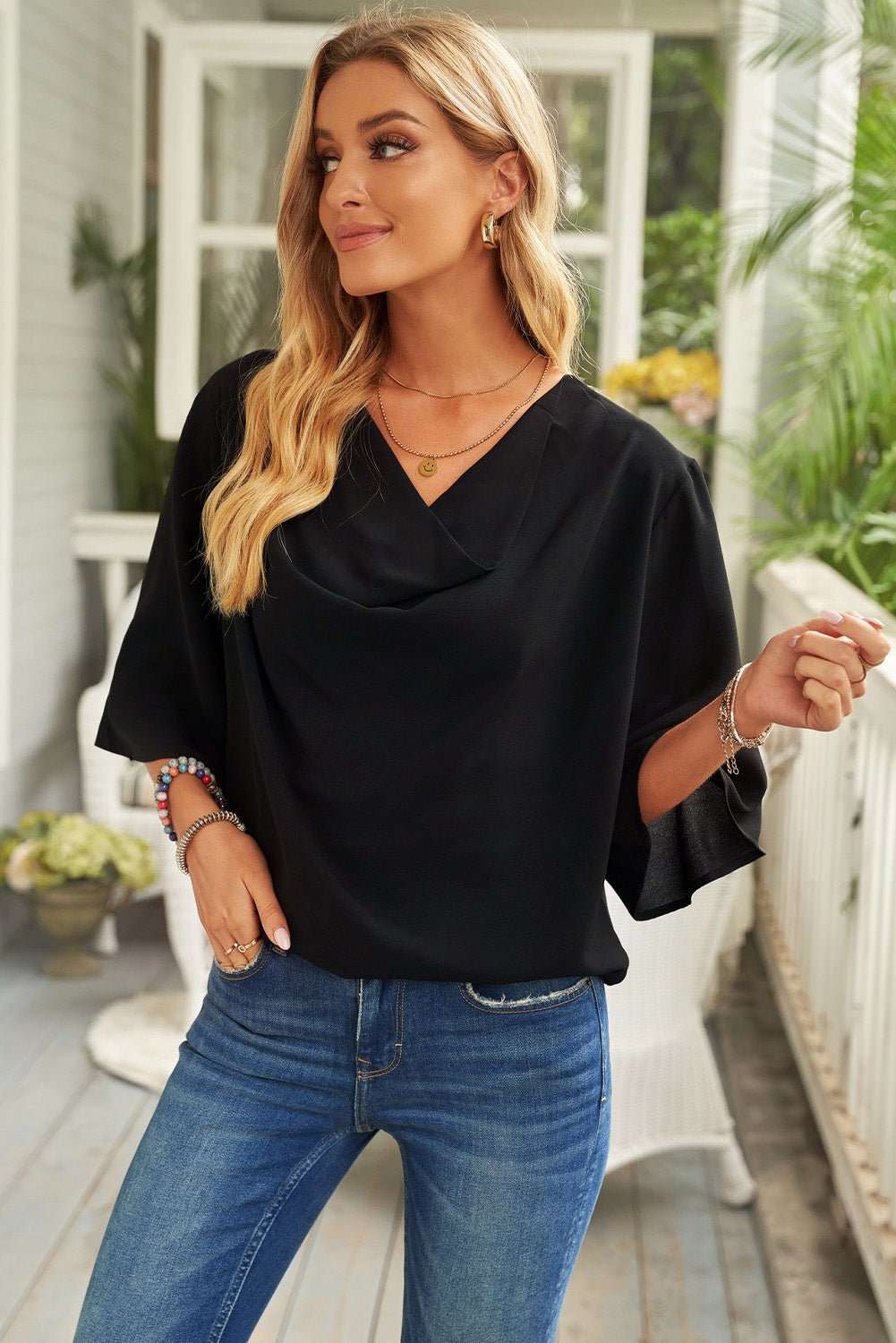 Cowl Neck Three-Quarter Sleeve Blouse - Shah S. Sahota