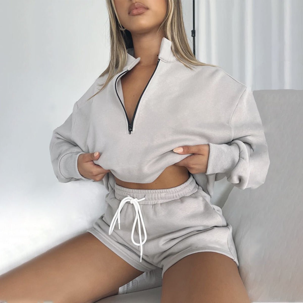 Stand-Up Collar Zipper Pullover Long-Sleeved Sweatshirts & Tie Shorts Lounge Sets - Shah S. Sahota