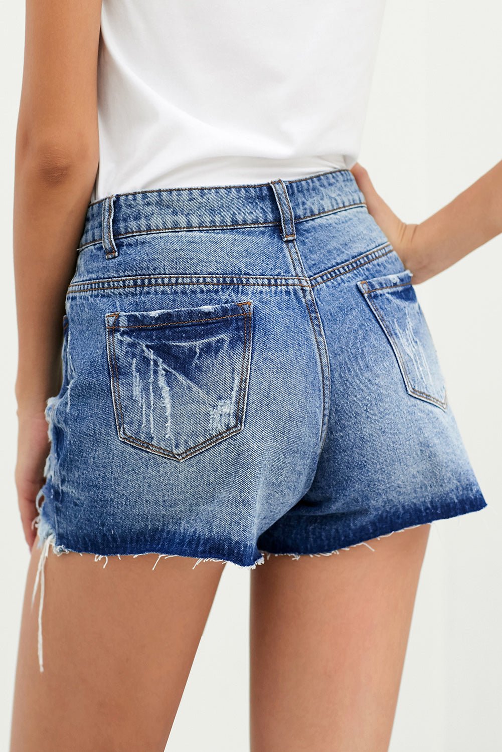 Distressed Button Fly Denim Shorts - Shah S. Sahota
