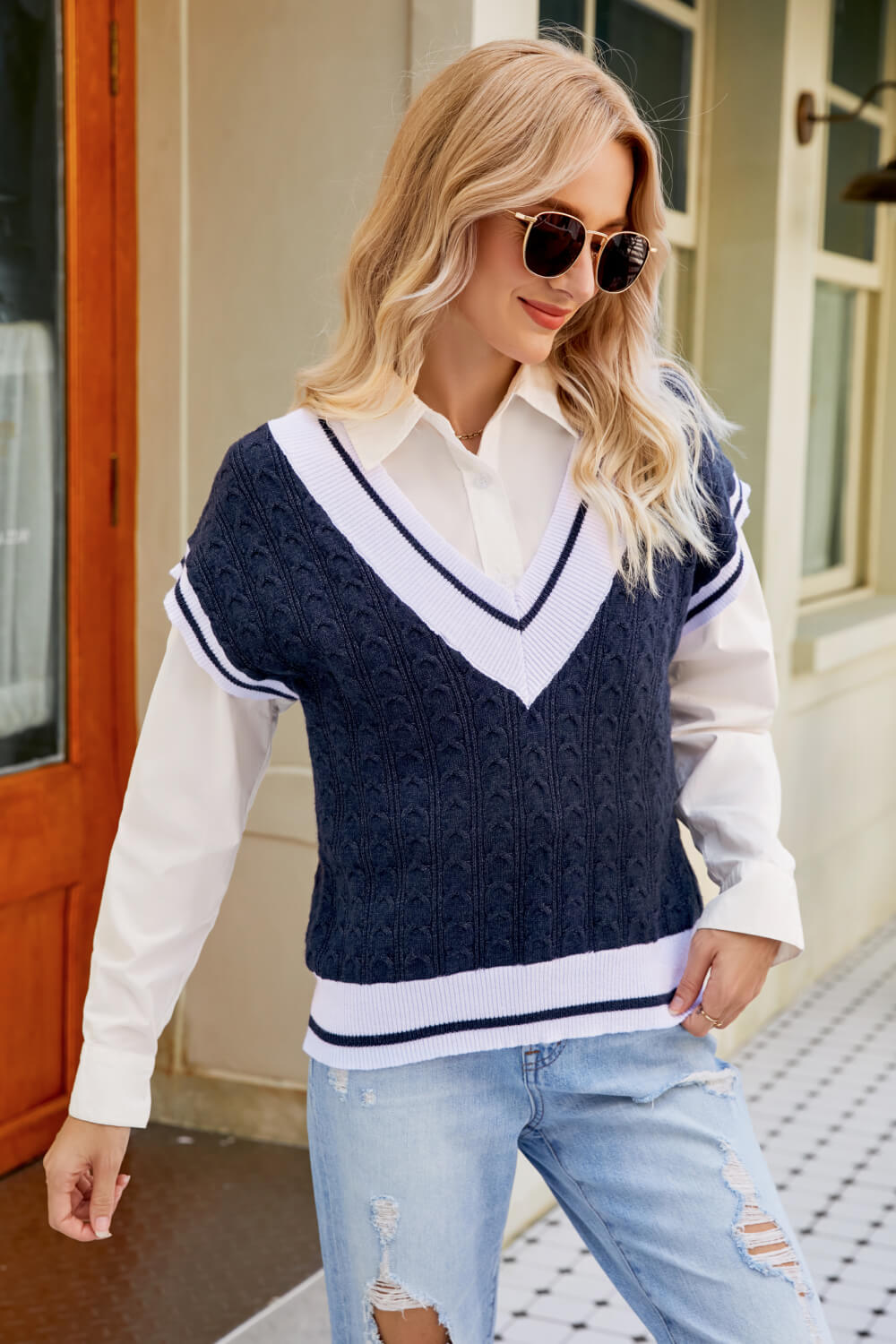 Contrast V-Neck Cap Sleeve Sweater Vest - Shah S. Sahota