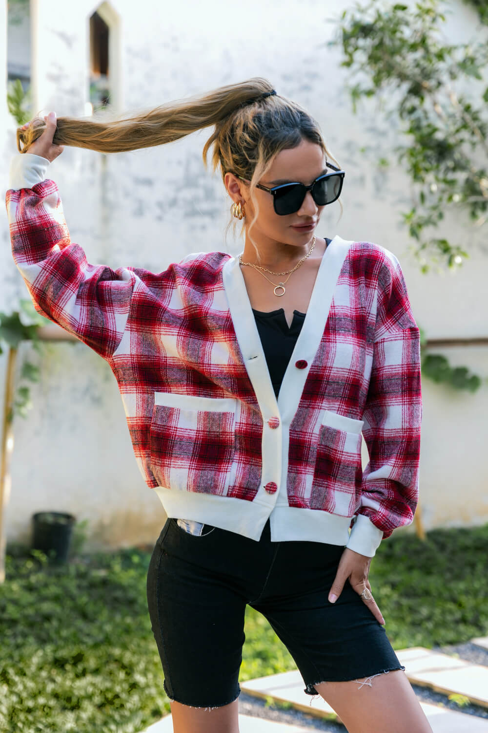 Plaid Button Down Jacket with Pockets - Shah S. Sahota