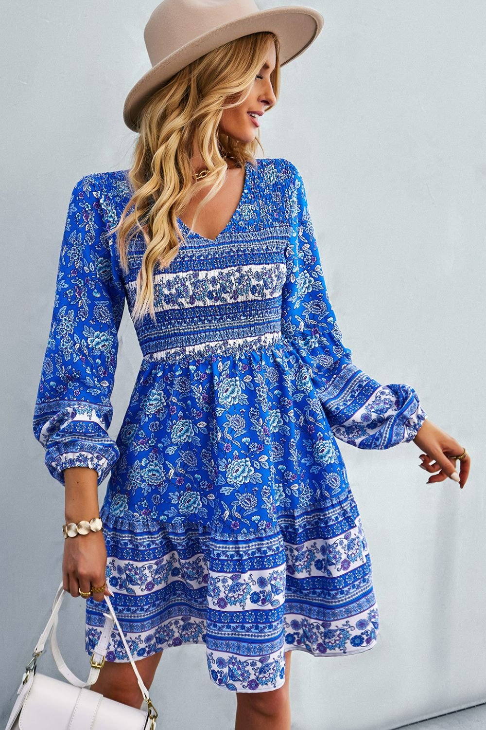Bohemian V-Neck Balloon Sleeve Dress - Shah S. Sahota