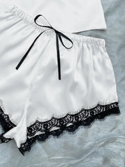 Lace Trim Cami, Shorts, Eye Mask, Scrunchie, and Bag Pajama Set - Shah S. Sahota