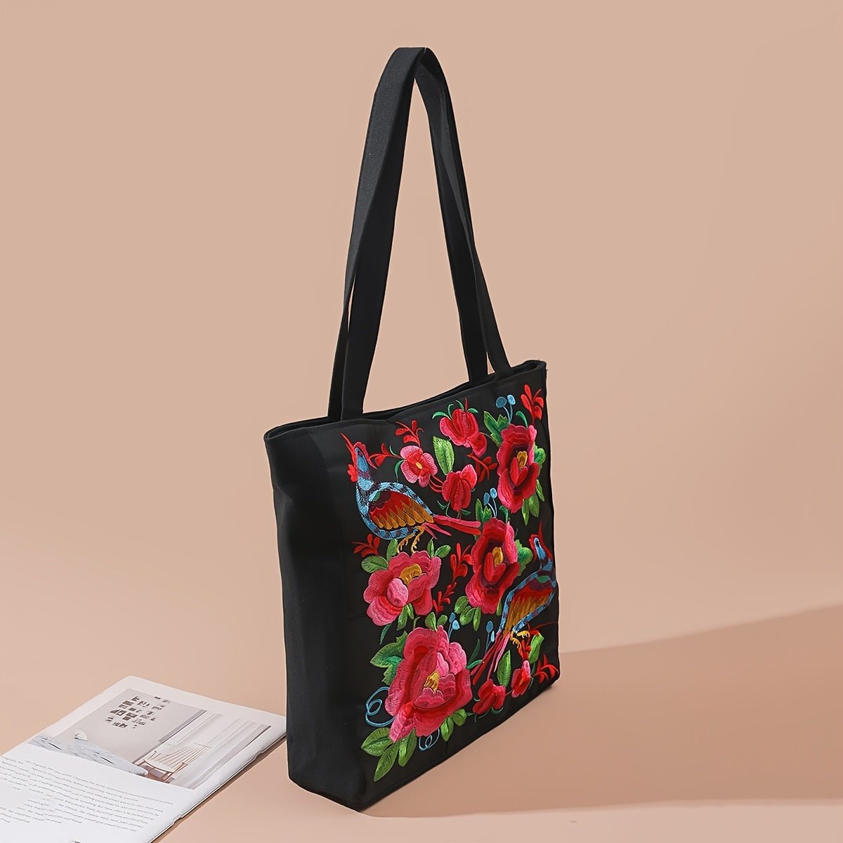 Flower & Bird Embroidered Tote Bag, Large Capacity Shoulder Bag, Stylish Handbag - Shah S. Sahota
