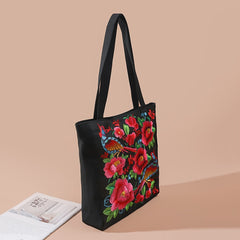Flower & Bird Embroidered Tote Bag, Large Capacity Shoulder Bag, Stylish Handbag - Shah S. Sahota