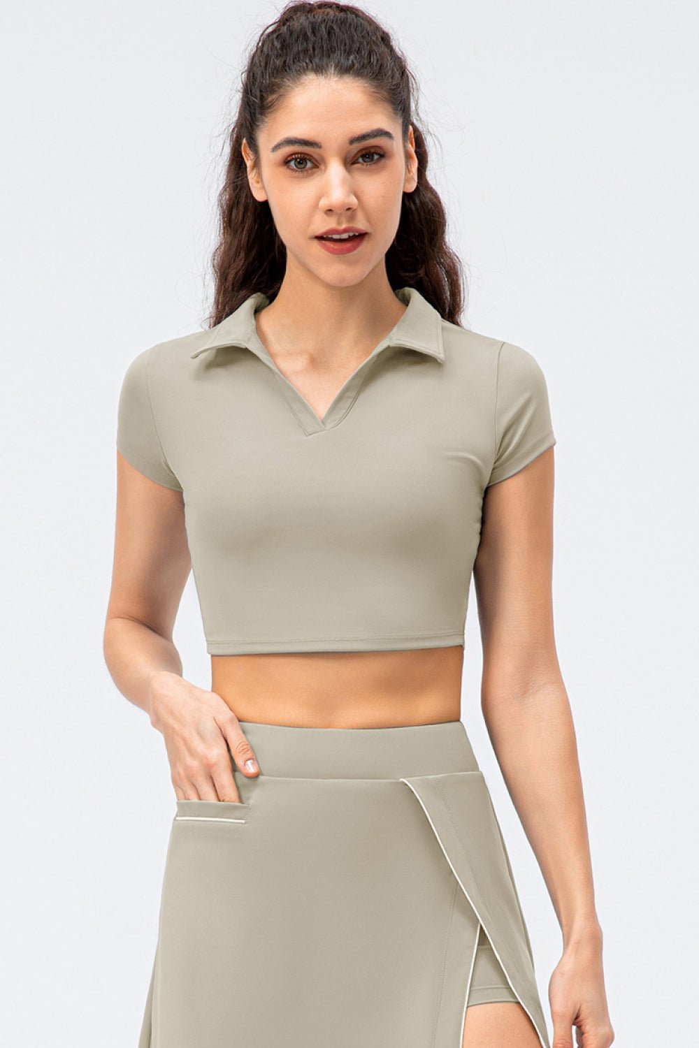 Cropped Short Sleeve Collared Yoga Top - Shah S. Sahota