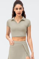 Cropped Short Sleeve Collared Yoga Top - Shah S. Sahota