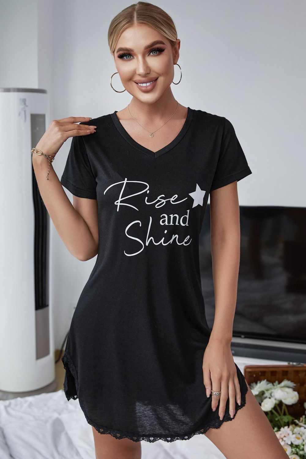 RISE AND SHINE Contrast Lace V-Neck T-Shirt Dress - Shah S. Sahota