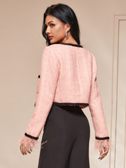Contrast Feather Trim Cuff Cropped Jacket - Shah S. Sahota