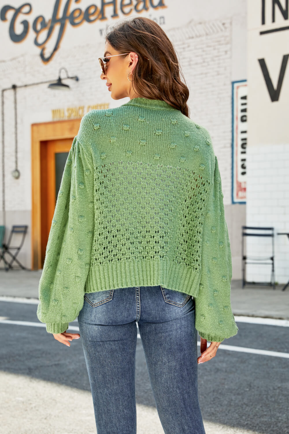 Openwork Pompom Puff Sleeve Cardigan - Shah S. Sahota