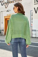Openwork Pompom Puff Sleeve Cardigan - Shah S. Sahota