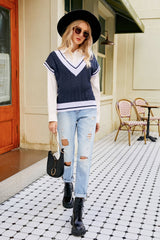 Contrast V-Neck Cap Sleeve Sweater Vest - Shah S. Sahota