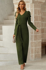 Belted Long Puff Sleeve V-Neck Jumpsuit - Shah S. Sahota