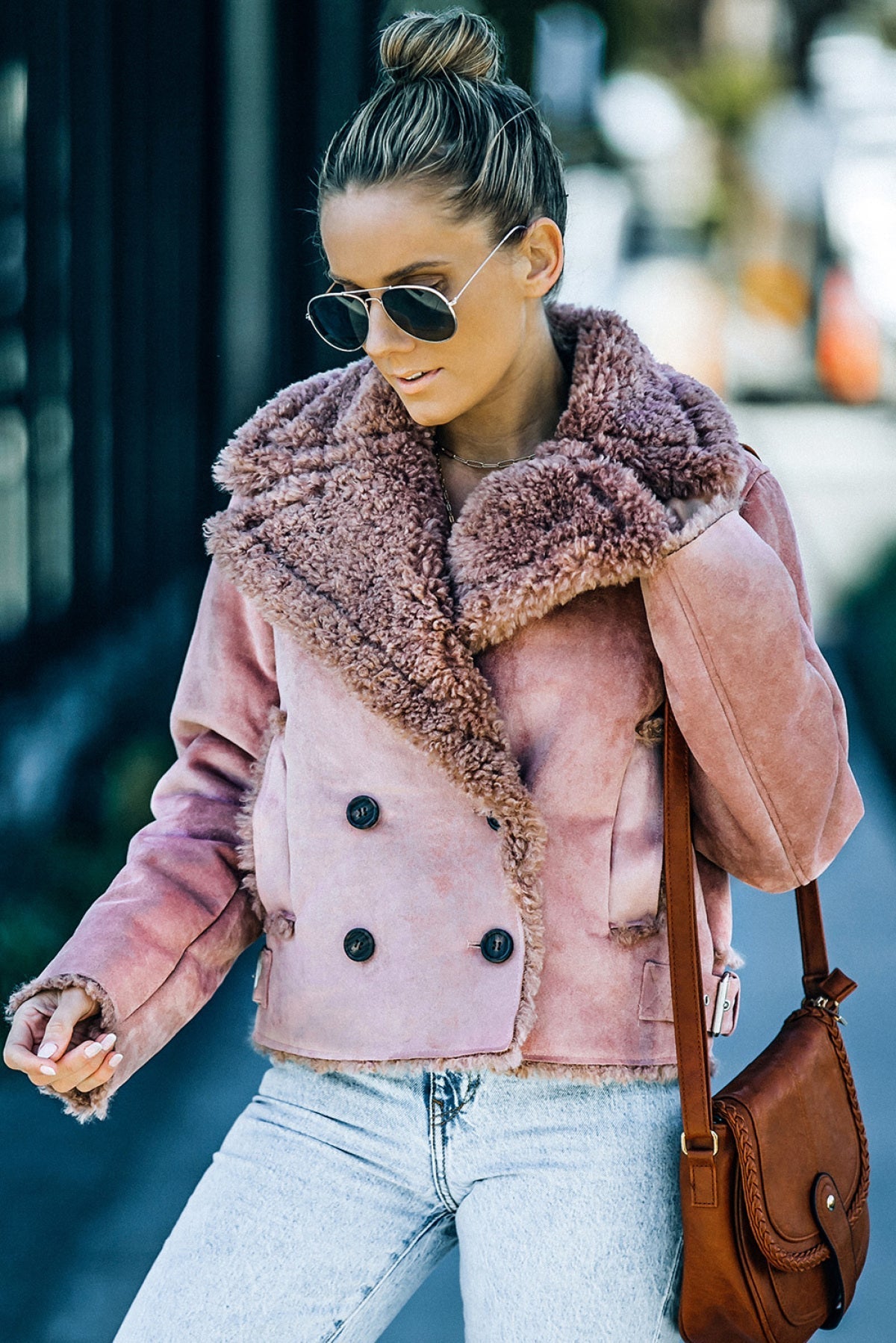 Pink Plush Lining Suede Cropped Double Breasted Coat - Shah S. Sahota