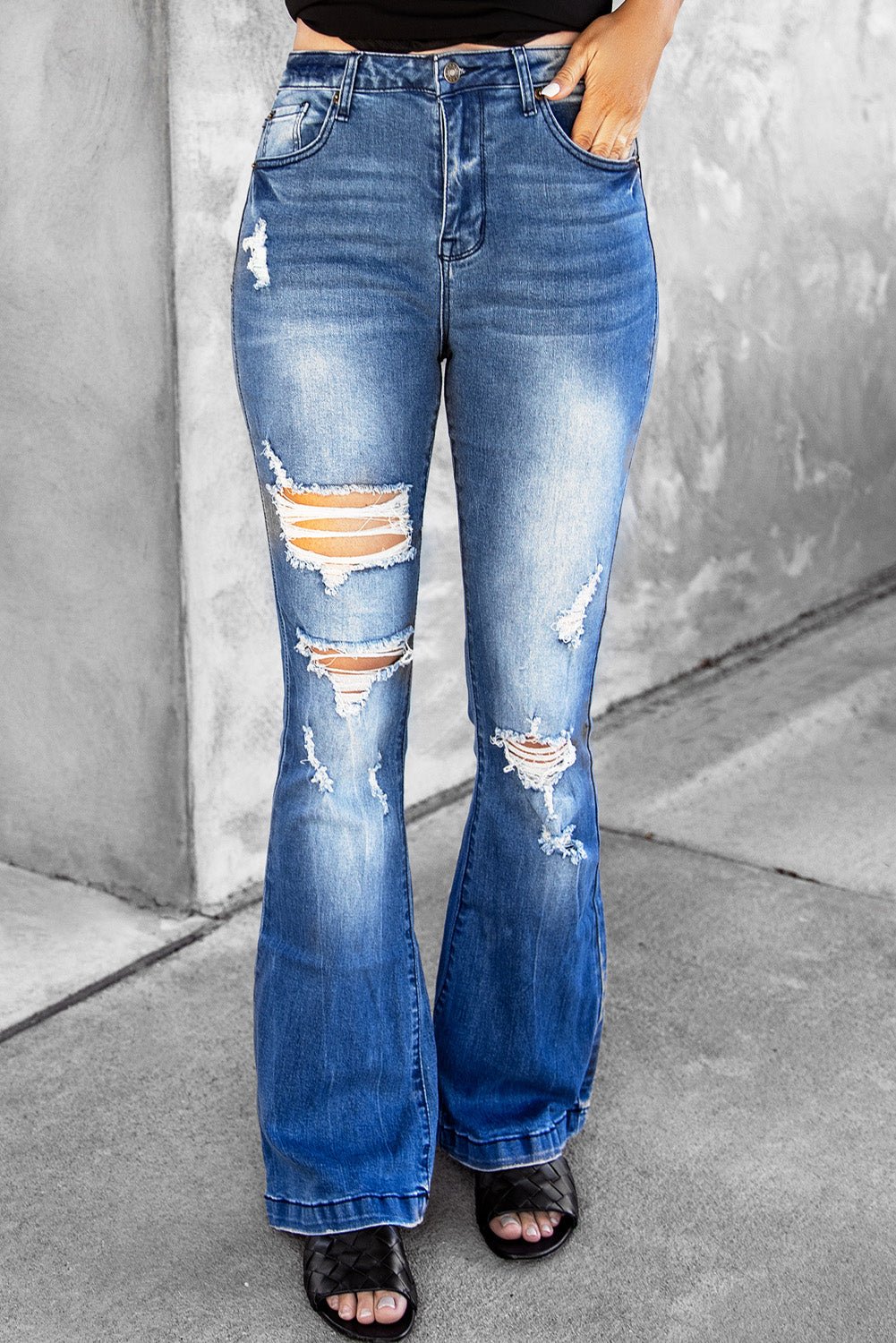 Distressed Flare Leg Jeans with Pockets - Shah S. Sahota