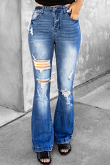 Distressed Flare Leg Jeans with Pockets - Shah S. Sahota