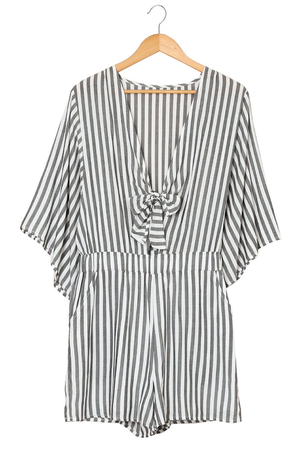 Striped Tie-Front Plunge Romper with Pockets - Shah S. Sahota