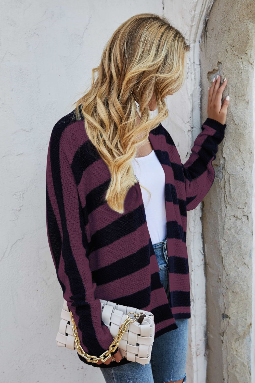 Striped Dolman Sleeve Open Front Cardigan - Shah S. Sahota