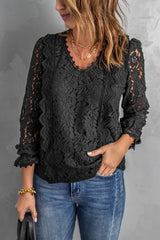 Lace Crochet V-Neck Flounce Sleeve Top - Shah S. Sahota