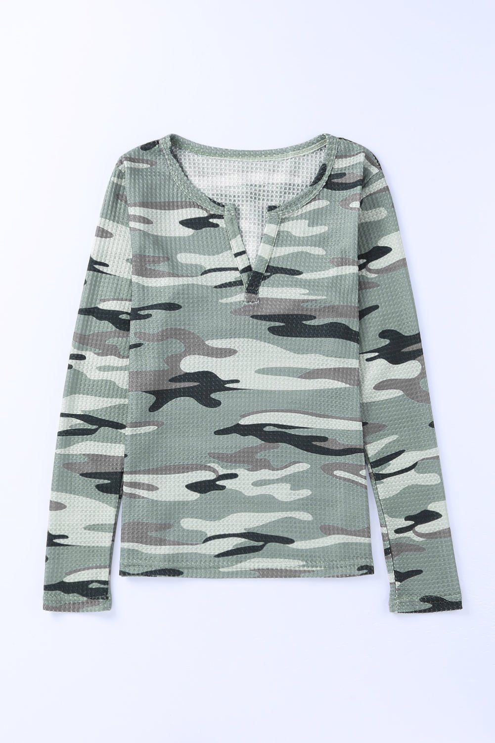 Camouflage Notched Waffle-Knit Top - Shah S. Sahota