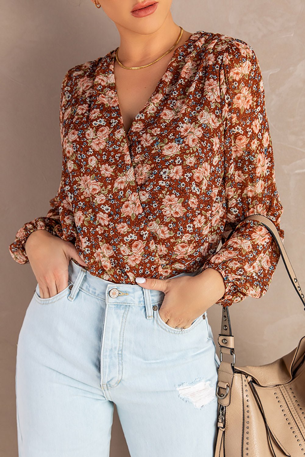 Floral Balloon Sleeve Surplice Blouse - Shah S. Sahota