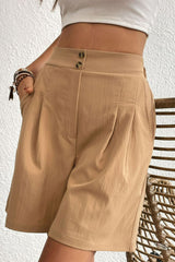 Buttoned Elastic Waist Pleated Detail Shorts - Shah S. Sahota