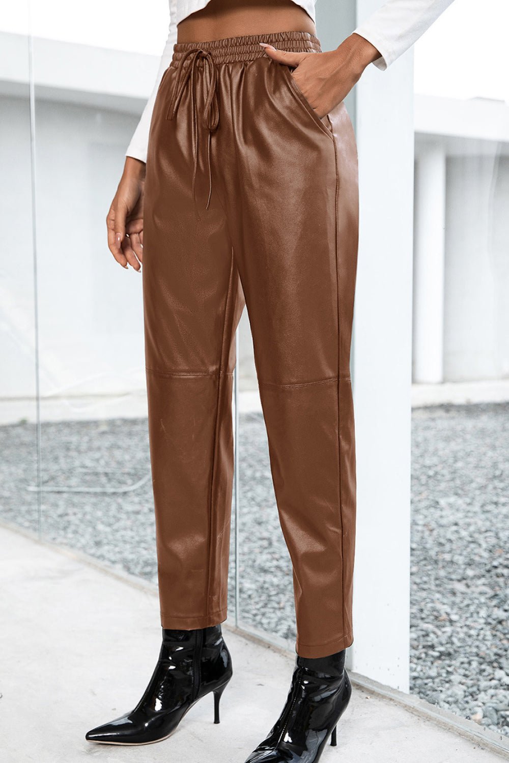 Seamed Elastic Waist PU Leather Pants - Shah S. Sahota