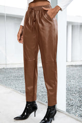 Seamed Elastic Waist PU Leather Pants - Shah S. Sahota