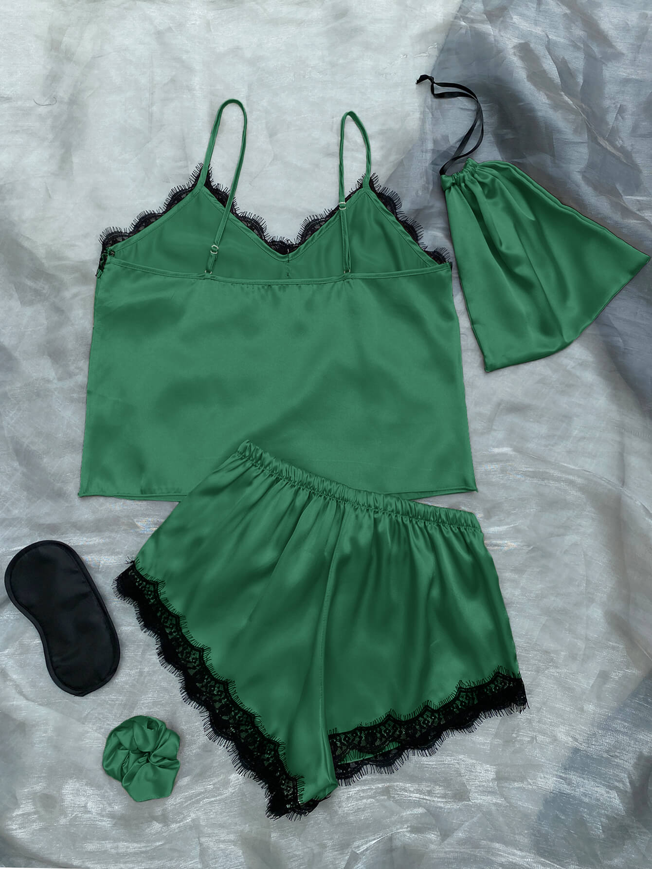Lace Trim Cami, Shorts, Eye Mask, Scrunchie, and Bag Pajama Set - Shah S. Sahota