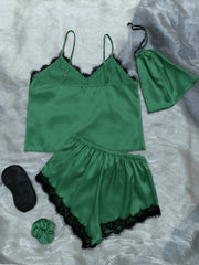 Lace Trim Cami, Shorts, Eye Mask, Scrunchie, and Bag Pajama Set - Shah S. Sahota