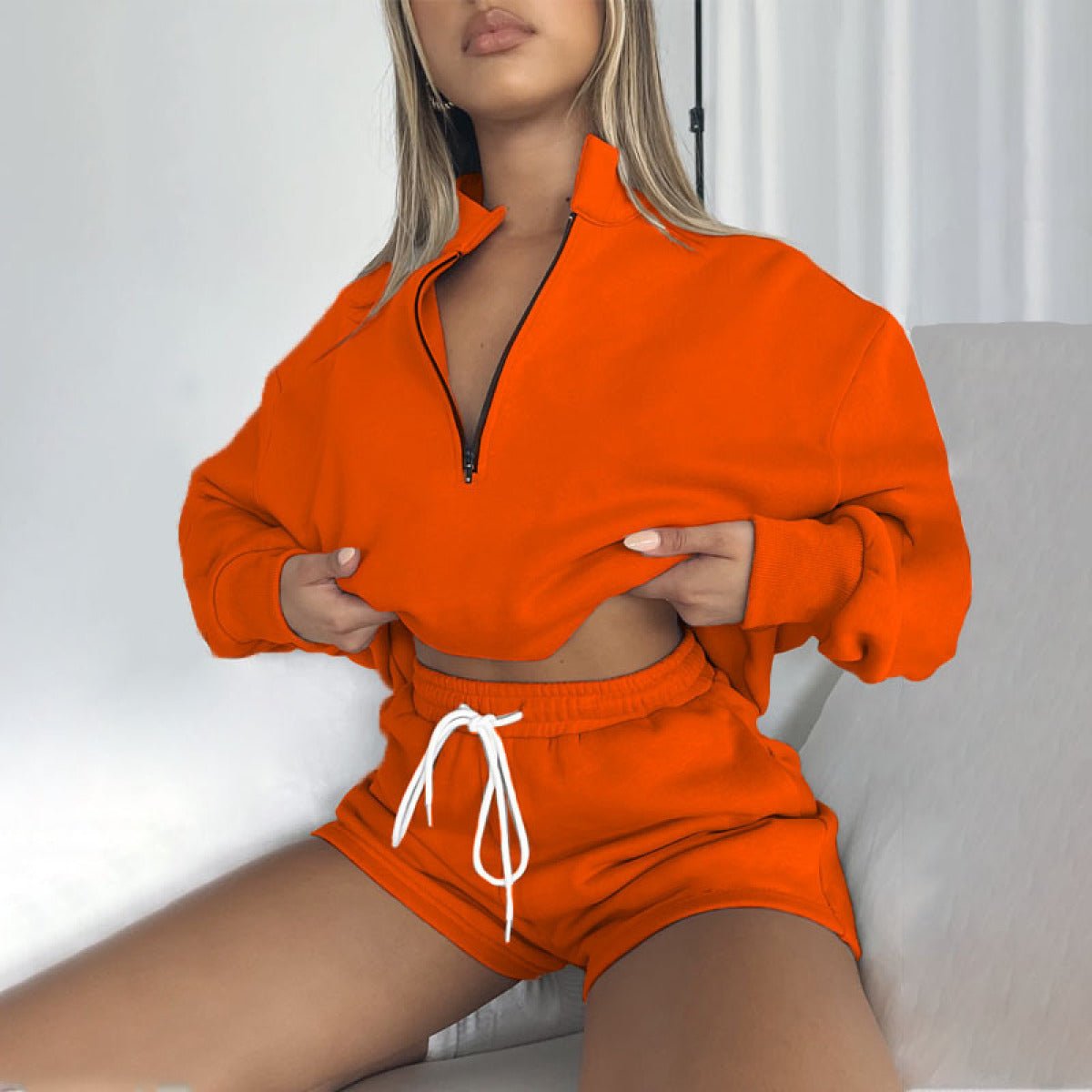 Stand-Up Collar Zipper Pullover Long-Sleeved Sweatshirts & Tie Shorts Lounge Sets - Shah S. Sahota