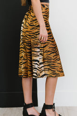SHOPIRISBASIC Eye of the Tiger Satin Midi Skirt - Shah S. Sahota