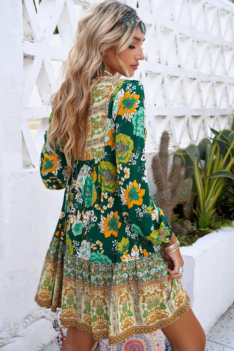 Floral Puff Sleeve Tie-Neck Mini Dress - Shah S. Sahota