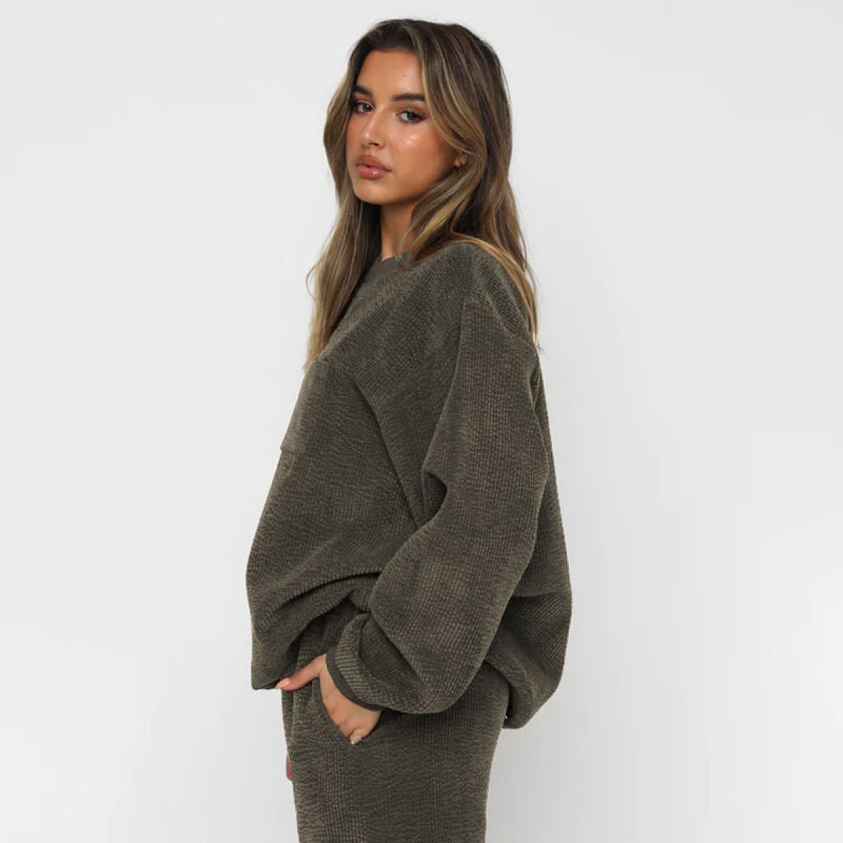 Corduroy Crew Neck Pullover Long Sleeve Sweatshirts & TiePants Two-Piece Sets - Shah S. Sahota
