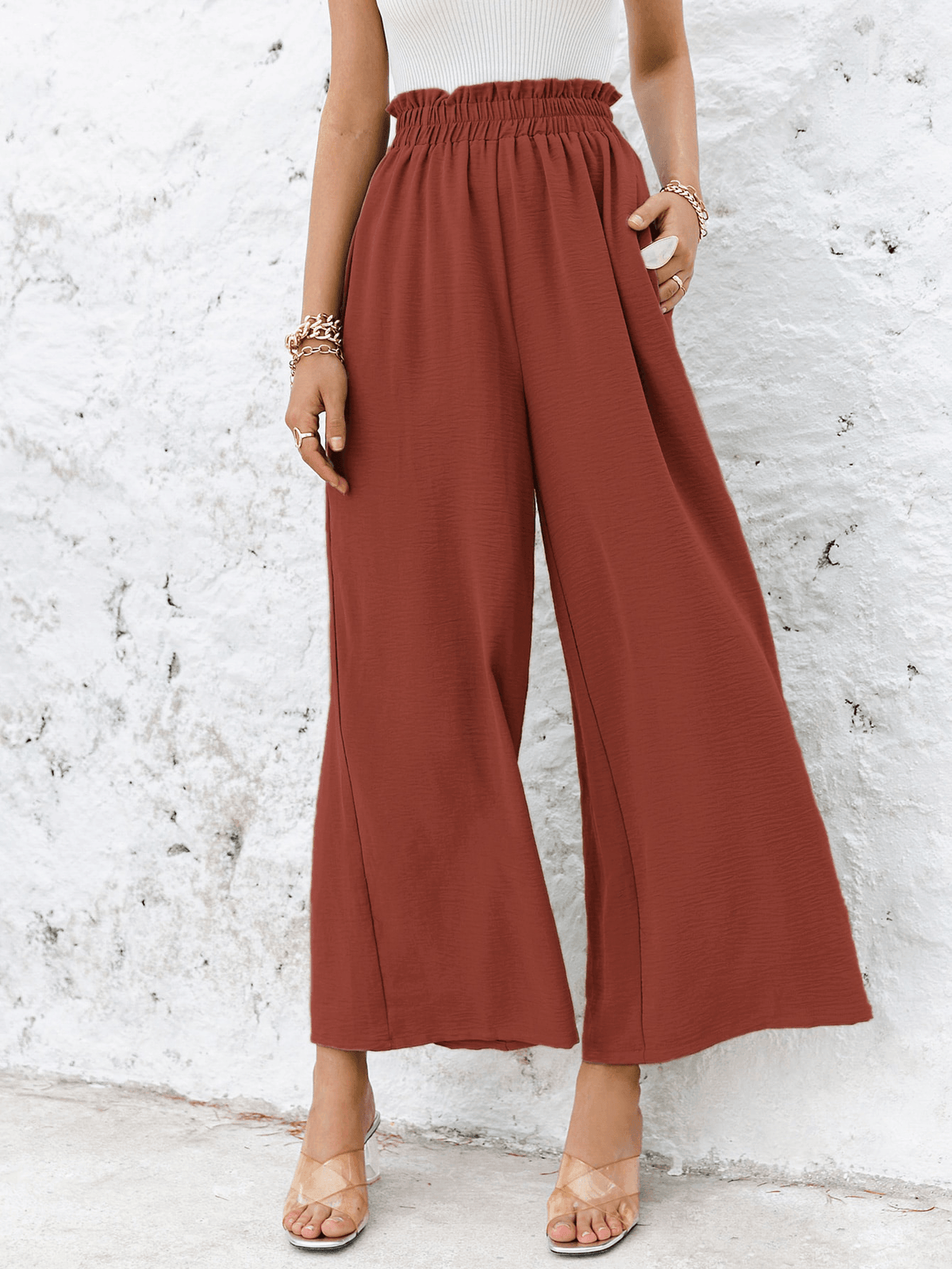 Frill Elastic Waist Wide Leg Pants Without Belt - Shah S. Sahota