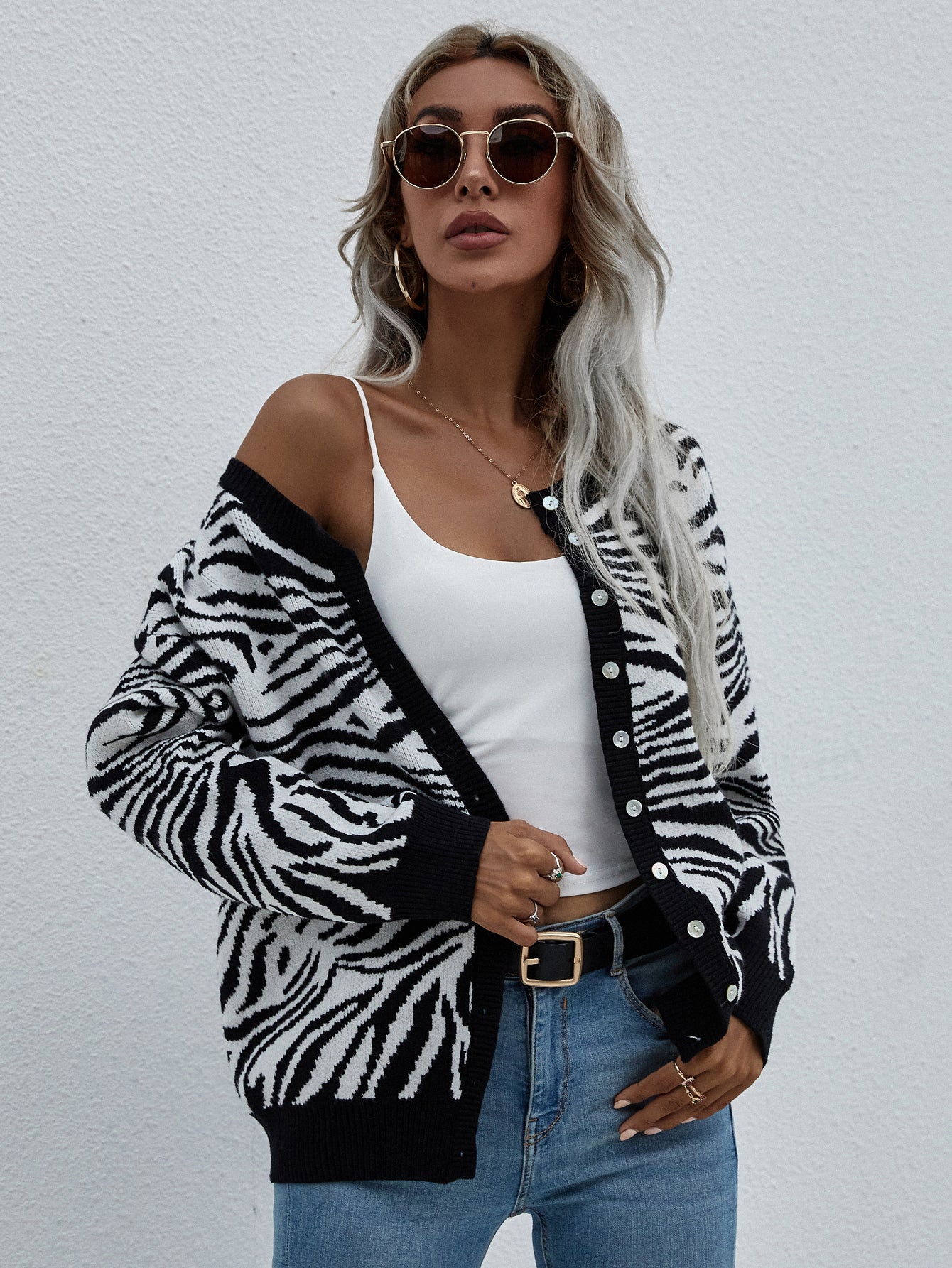 Zebra Print Button Down Cardigan - Shah S. Sahota