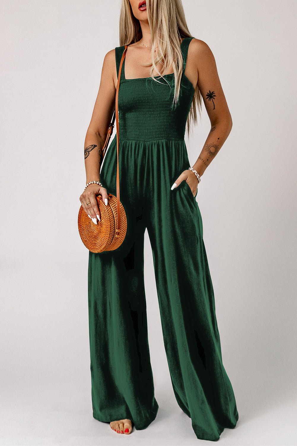 Smocked Square Neck Wide Leg Jumpsuit with Pockets - Shah S. Sahota