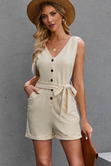 Button Front Belted Sleeveless Romper - Shah S. Sahota