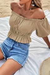 Frill Trim Off-Shoulder Cropped Peplum Top - Shah S. Sahota