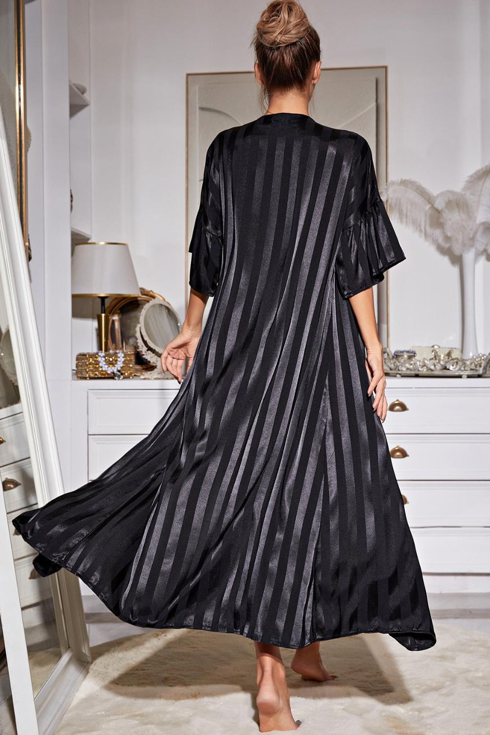 Striped Flounce Sleeve Open Front Robe and Cami Dress Set - Shah S. Sahota