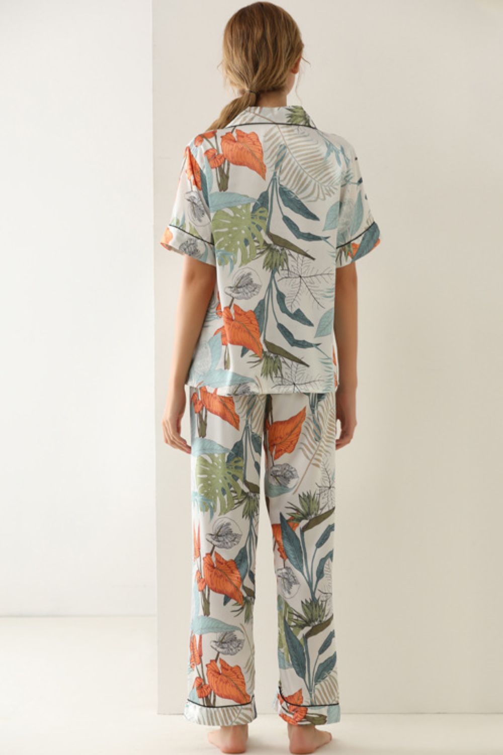 Botanical Print Button-Up Top and Pants Pajama Set - Shah S. Sahota