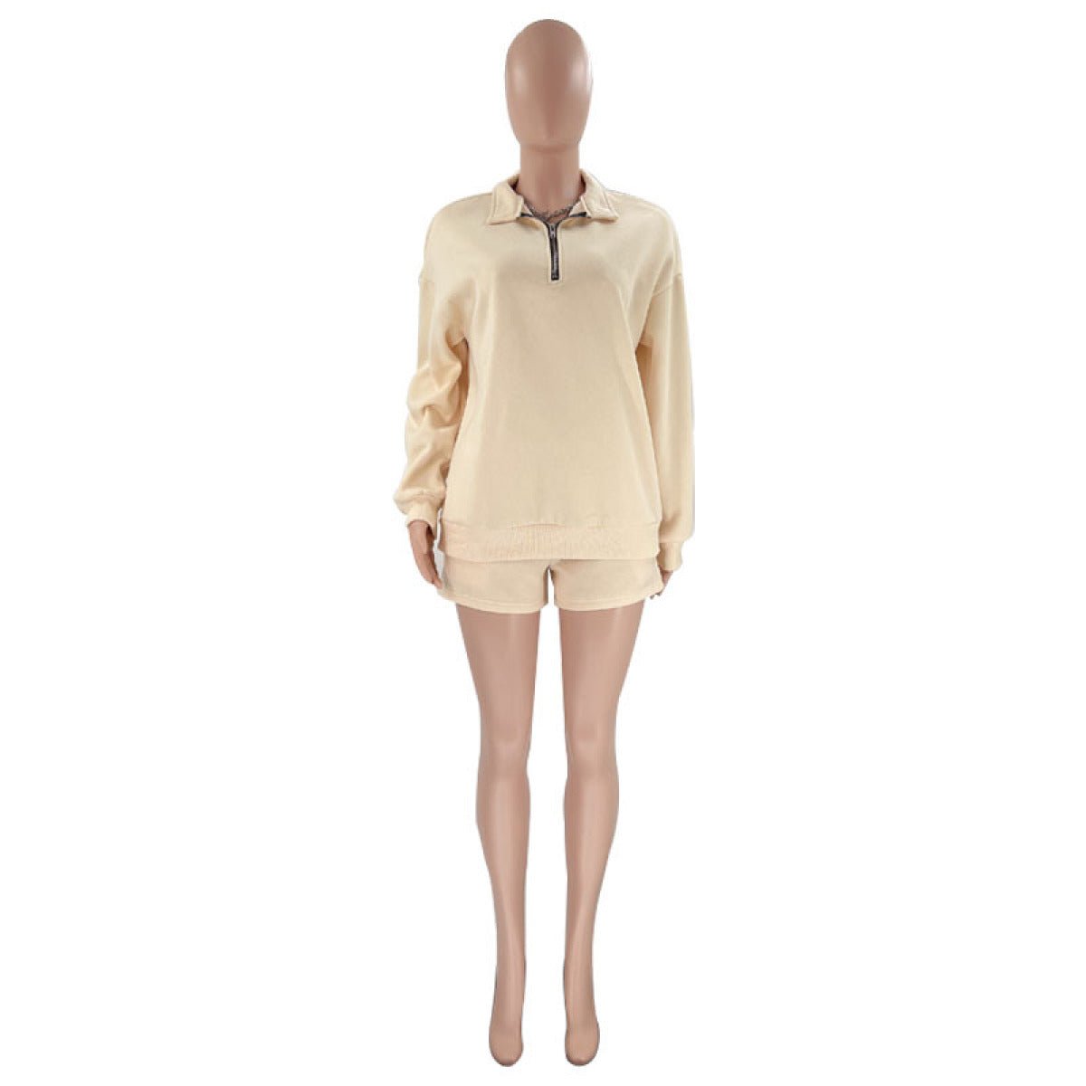Stand-Up Collar Zipper Pullover Long-Sleeved Sweatshirts & Tie Shorts Lounge Sets - Shah S. Sahota
