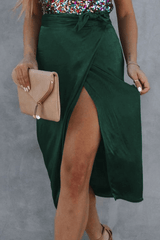 Green Satin Wrap Midi Skirt With Split - Shah S. Sahota