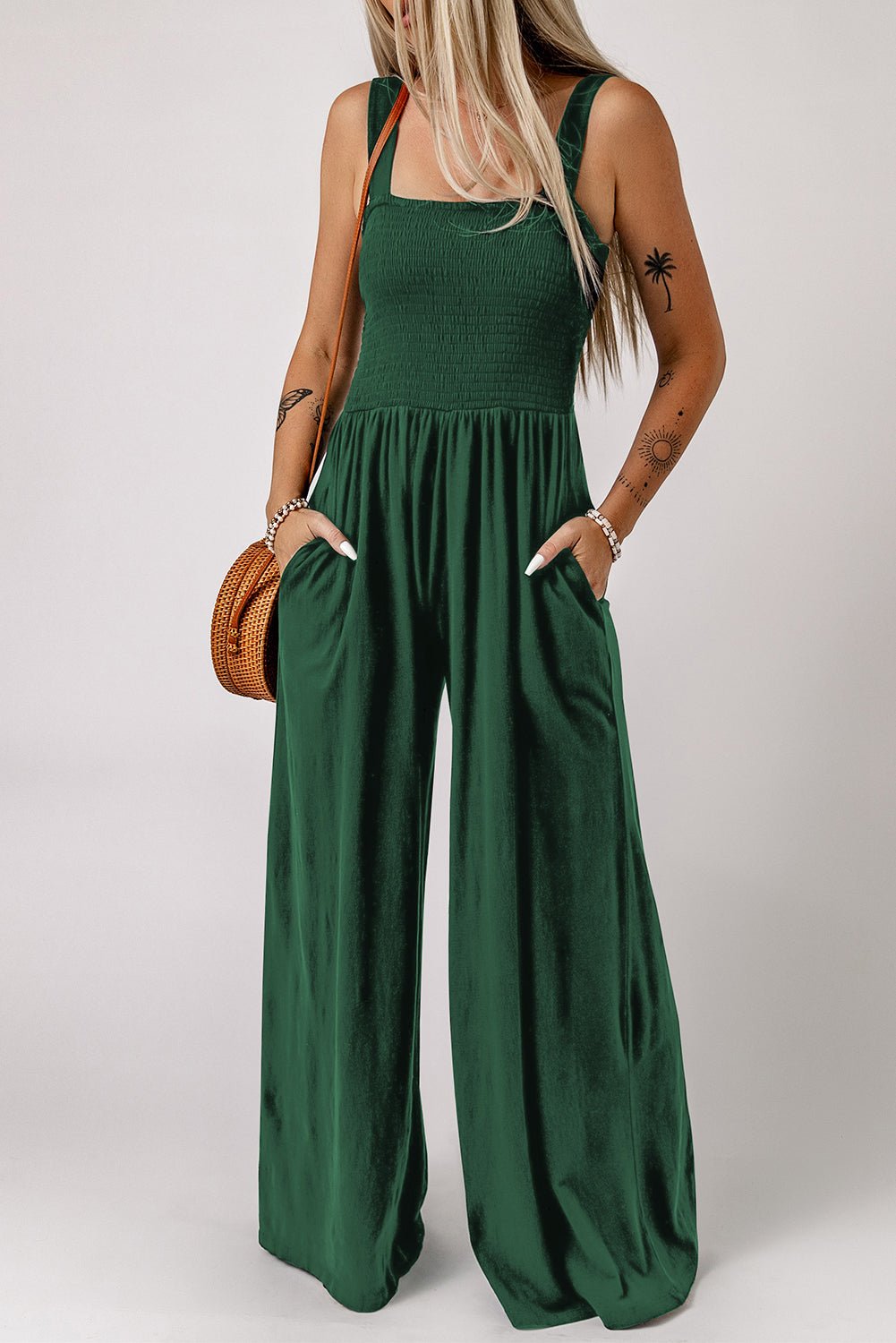 Smocked Square Neck Wide Leg Jumpsuit with Pockets - Shah S. Sahota