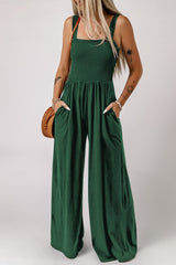 Smocked Square Neck Wide Leg Jumpsuit with Pockets - Shah S. Sahota