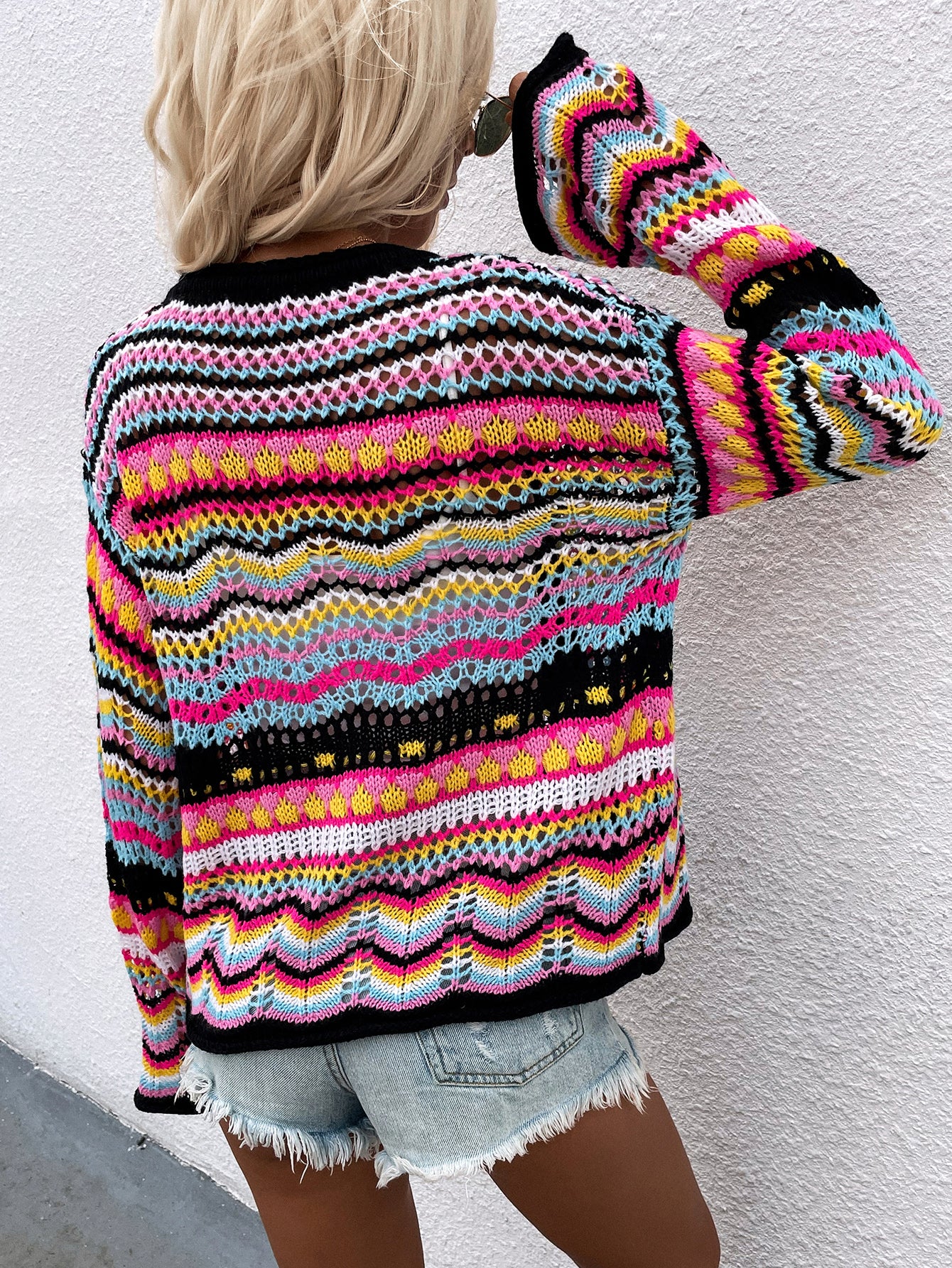 Chevron Stripes Openwork Cardigan - Shah S. Sahota